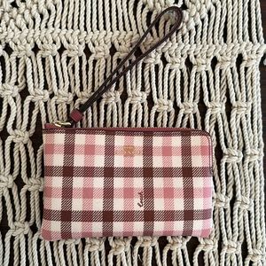 Brand New Coach pink rose color check Gingham Zip Wristlet